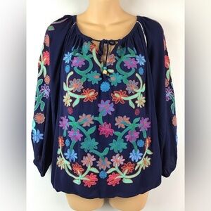 John Mark Navy Bohemian Floral Embroidered Blouse | Small